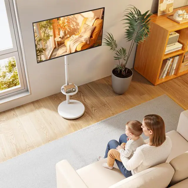 Alt view image 7 of 7 - Rolling TV Stand for 13-43" TVs, 33 lbs, White | Compact mobile TV cart, portrait or landscape rotation, adjustable storage box and shelf, VESA up to 200x200