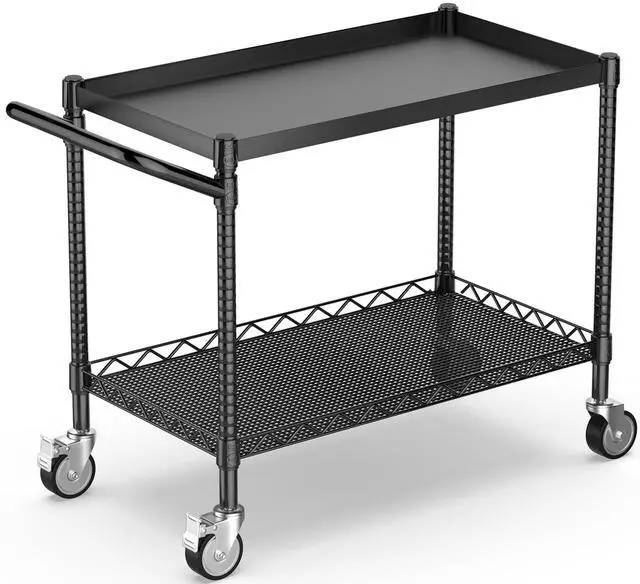 Main image of Utility Tool Cart with Wheel, 45In Large Rolling Utility Carts with Handle | 2 Tier Heavy Duty Commercial Grade Metal Serving Storage Carts for Warehouse Garage Kitchen, 25" D x 45" W x 40" H-Black