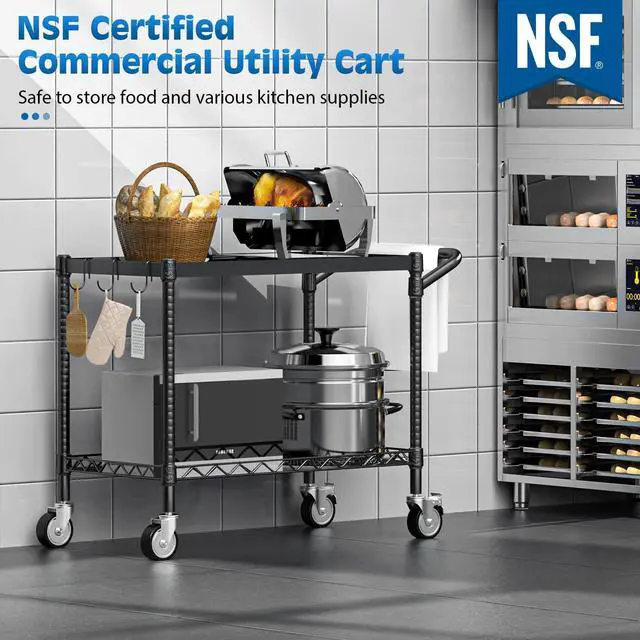 Alt view image 2 of 7 - Utility Tool Cart with Wheel, 45In Large Rolling Utility Carts with Handle | 2 Tier Heavy Duty Commercial Grade Metal Serving Storage Carts for Warehouse Garage Kitchen, 25" D x 45" W x 40" H-Black