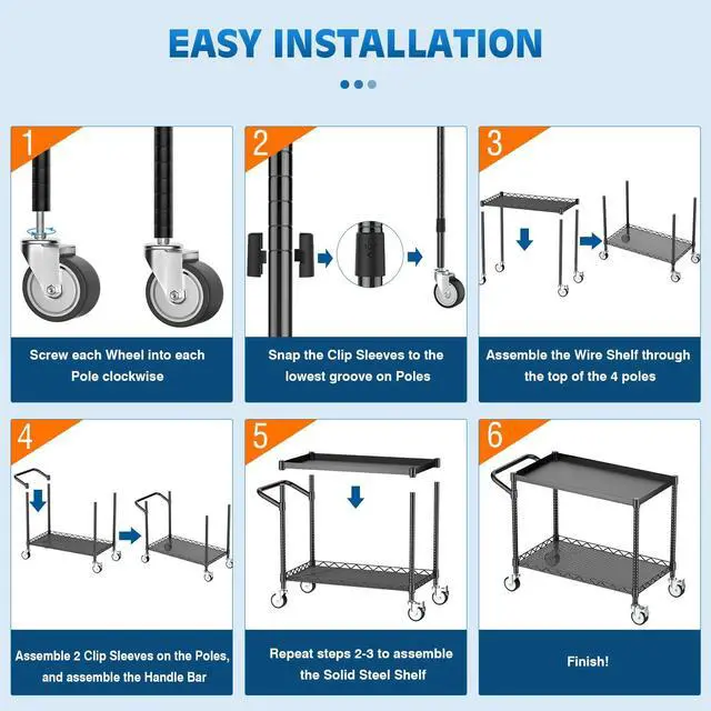Alt view image 7 of 7 - Utility Tool Cart with Wheel, 45In Large Rolling Utility Carts with Handle | 2 Tier Heavy Duty Commercial Grade Metal Serving Storage Carts for Warehouse Garage Kitchen, 25" D x 45" W x 40" H-Black