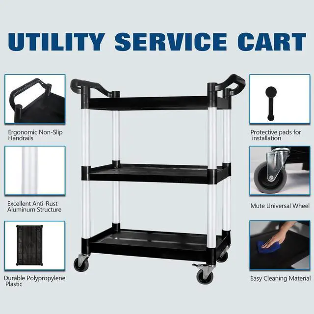Alt view image 2 of 7 - Plastic Commercial Cart Large Size, Restaurant Cart with Wheels Lockable, Heavy Duty Utility Service Cart for Foodservice, Commercial,Office, Warehouse, Black, 40.15X 19.29x 38.97 inches