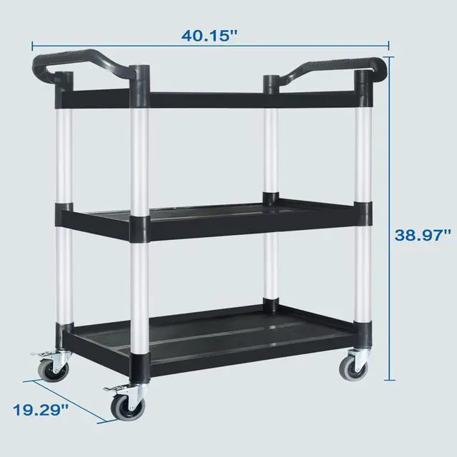 Alt view image 3 of 7 - Plastic Commercial Cart Large Size, Restaurant Cart with Wheels Lockable, Heavy Duty Utility Service Cart for Foodservice, Commercial,Office, Warehouse, Black, 40.15X 19.29x 38.97 inches
