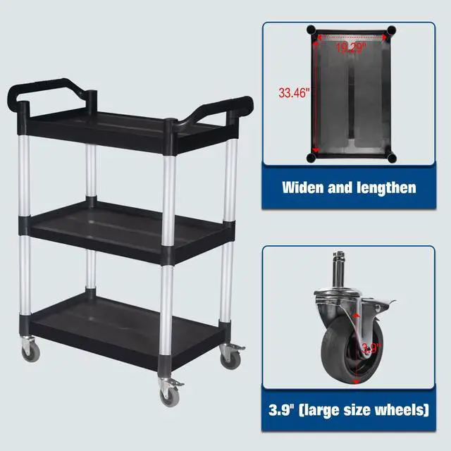 Alt view image 5 of 7 - Plastic Commercial Cart Large Size, Restaurant Cart with Wheels Lockable, Heavy Duty Utility Service Cart for Foodservice, Commercial,Office, Warehouse, Black, 40.15X 19.29x 38.97 inches
