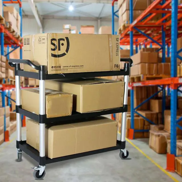 Alt view image 7 of 7 - Plastic Commercial Cart Large Size, Restaurant Cart with Wheels Lockable, Heavy Duty Utility Service Cart for Foodservice, Commercial,Office, Warehouse, Black, 40.15X 19.29x 38.97 inches
