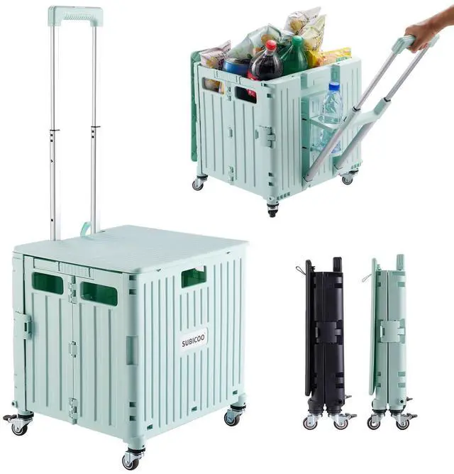 Main image of Folding Utility Cart Portable Rolling Crate Handcart Shopping Trolley Collapsible Tool Box, with Lid, on 4 Rotate Wheels, for Grocery, Shopping, Office, Camp, Teacher (Green)