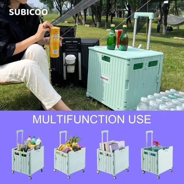 Alt view image 2 of 7 - Folding Utility Cart Portable Rolling Crate Handcart Shopping Trolley Collapsible Tool Box, with Lid, on 4 Rotate Wheels, for Grocery, Shopping, Office, Camp, Teacher (Green)