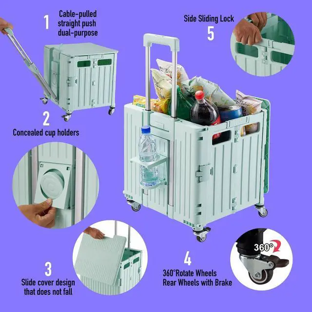 Alt view image 3 of 7 - Folding Utility Cart Portable Rolling Crate Handcart Shopping Trolley Collapsible Tool Box, with Lid, on 4 Rotate Wheels, for Grocery, Shopping, Office, Camp, Teacher (Green)