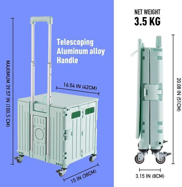 Alt view image 4 of 7 - Folding Utility Cart Portable Rolling Crate Handcart Shopping Trolley Collapsible Tool Box, with Lid, on 4 Rotate Wheels, for Grocery, Shopping, Office, Camp, Teacher (Green)
