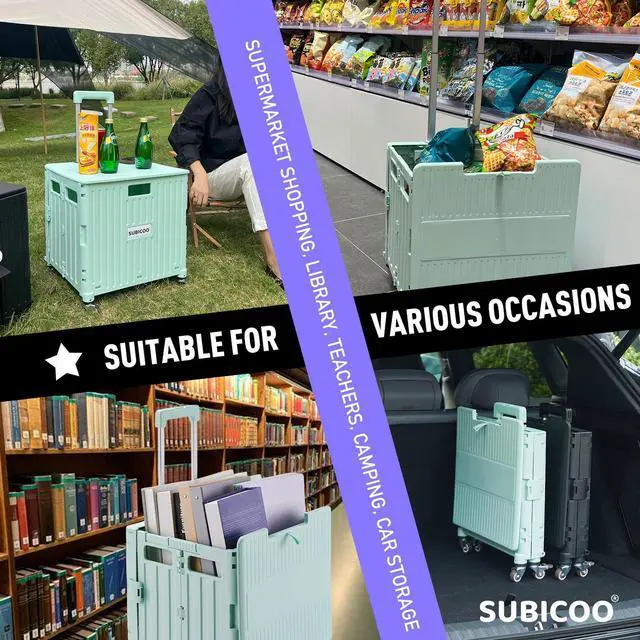 Alt view image 7 of 7 - Folding Utility Cart Portable Rolling Crate Handcart Shopping Trolley Collapsible Tool Box, with Lid, on 4 Rotate Wheels, for Grocery, Shopping, Office, Camp, Teacher (Green)