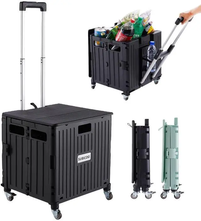 Main image of Folding Utility Cart Portable Rolling Crate Handcart Shopping Trolley Collapsible Tool Box, with Lid, on 4 Rotate Wheels, for Grocery, Shopping, Office, Teacher, Camp(Black)