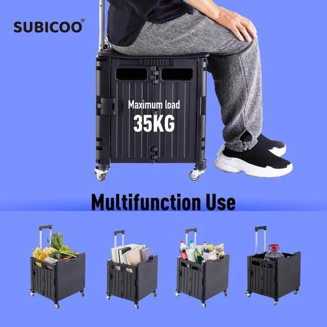 Alt view image 2 of 7 - Folding Utility Cart Portable Rolling Crate Handcart Shopping Trolley Collapsible Tool Box, with Lid, on 4 Rotate Wheels, for Grocery, Shopping, Office, Teacher, Camp(Black)