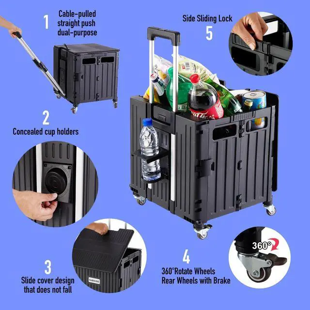 Alt view image 3 of 7 - Folding Utility Cart Portable Rolling Crate Handcart Shopping Trolley Collapsible Tool Box, with Lid, on 4 Rotate Wheels, for Grocery, Shopping, Office, Teacher, Camp(Black)