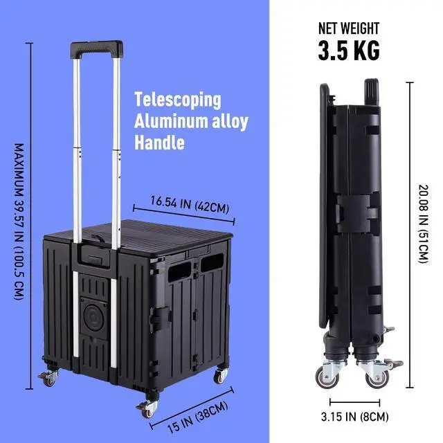 Alt view image 4 of 7 - Folding Utility Cart Portable Rolling Crate Handcart Shopping Trolley Collapsible Tool Box, with Lid, on 4 Rotate Wheels, for Grocery, Shopping, Office, Teacher, Camp(Black)