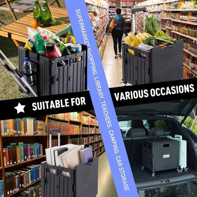 Alt view image 7 of 7 - Folding Utility Cart Portable Rolling Crate Handcart Shopping Trolley Collapsible Tool Box, with Lid, on 4 Rotate Wheels, for Grocery, Shopping, Office, Teacher, Camp(Black)
