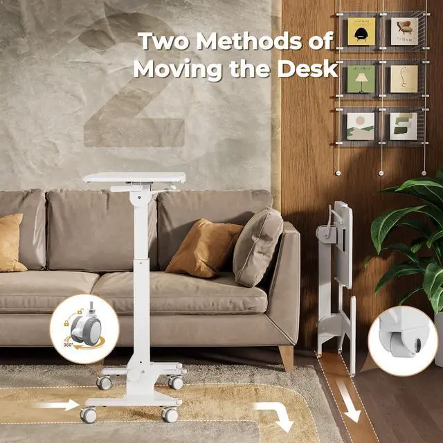 Alt view image 5 of 7 - Foldable Mobile Standing Desk on Wheels, 180° Tilt Bedside Table | Height Adjustable, 31.5" White MDF Board with Lips, Collapsible Top & Base for Storage, Rolling Laptop Desk for Home Hospital