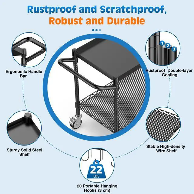 Alt view image 5 of 7 - Utility Tool Cart with Wheel, 45In Large Rolling Utility Carts with Handle | 2 Tier Heavy Duty Commercial Grade Metal Serving Storage Carts for Warehouse Garage Kitchen, 25" D x 45" W x 40" H-Black
