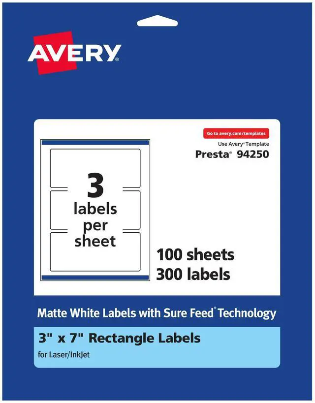 Main image of ® Matte White Rectangle Labels, Sure Feed® Technology, 3" x 7", 300 Matte White Printable Labels