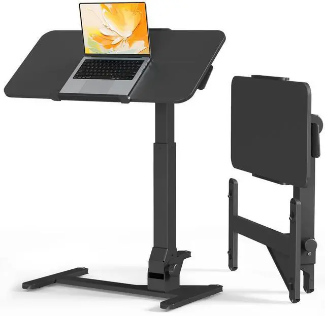 Main image of Foldable Rolling Standing Desk, 180° Tilt Overbed Bedside Table | Height Adjustable, 31.5" Black MDF Top with Lips, Collapsible Top & Base for Storage, Poratble Mobile Desk for Home Hospital