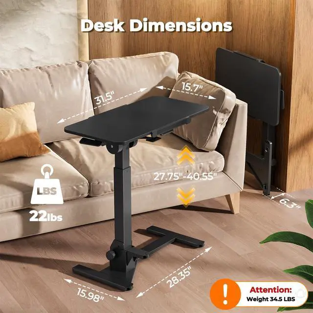 Alt view image 2 of 7 - Foldable Rolling Standing Desk, 180° Tilt Overbed Bedside Table | Height Adjustable, 31.5" Black MDF Top with Lips, Collapsible Top & Base for Storage, Poratble Mobile Desk for Home Hospital