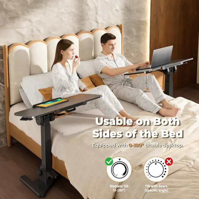 Alt view image 3 of 7 - Foldable Rolling Standing Desk, 180° Tilt Overbed Bedside Table | Height Adjustable, 31.5" Black MDF Top with Lips, Collapsible Top & Base for Storage, Poratble Mobile Desk for Home Hospital