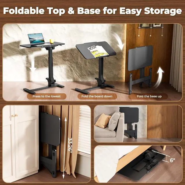 Alt view image 5 of 7 - Foldable Rolling Standing Desk, 180° Tilt Overbed Bedside Table | Height Adjustable, 31.5" Black MDF Top with Lips, Collapsible Top & Base for Storage, Poratble Mobile Desk for Home Hospital