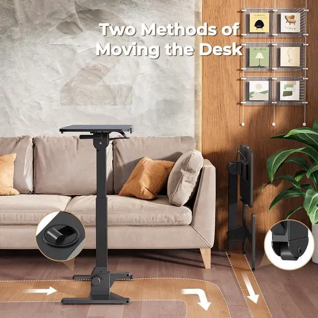 Alt view image 7 of 7 - Foldable Rolling Standing Desk, 180° Tilt Overbed Bedside Table | Height Adjustable, 31.5" Black MDF Top with Lips, Collapsible Top & Base for Storage, Poratble Mobile Desk for Home Hospital