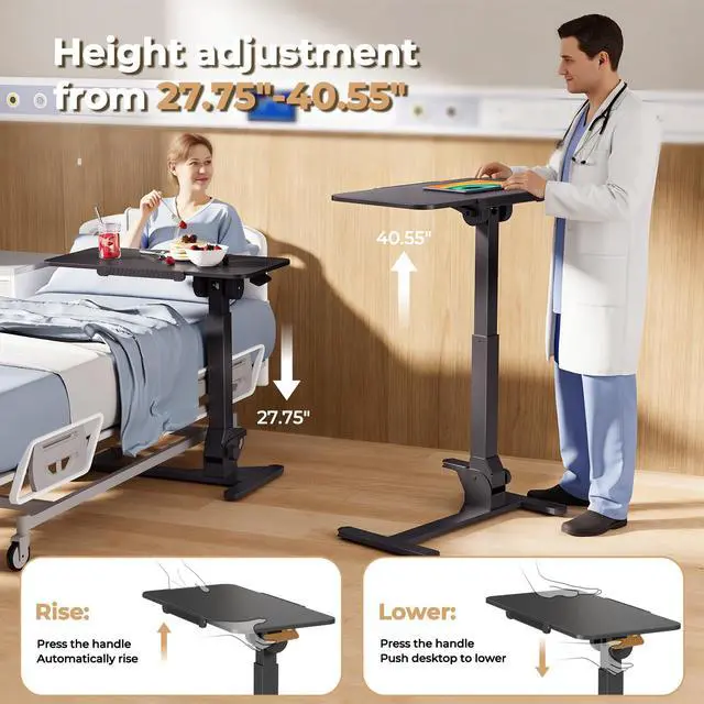 Alt view image 4 of 7 - Foldable Rolling Standing Desk, 180° Tilt Overbed Bedside Table | Height Adjustable, 31.5" Black MDF Top with Lips, Collapsible Top & Base for Storage, Poratble Mobile Desk for Home Hospital