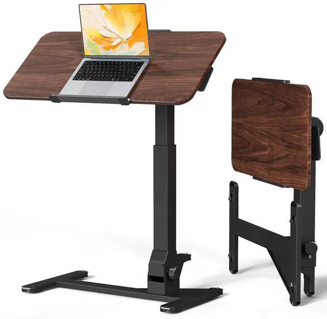 Main image of Foldable Portable Laptop Desk, 180° Tilt Overbed Bedside Table | Height Adjustable, 31.5" Rustic Brown MDF Board, Collapsible Top & Base for Storage, Mobile Standing Desk for Home Hospital