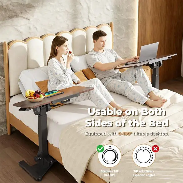 Alt view image 3 of 7 - Foldable Portable Laptop Desk, 180° Tilt Overbed Bedside Table | Height Adjustable, 31.5" Rustic Brown MDF Board, Collapsible Top & Base for Storage, Mobile Standing Desk for Home Hospital