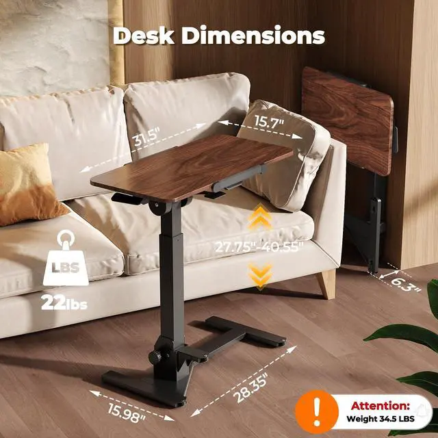 Alt view image 2 of 7 - Foldable Portable Laptop Desk, 180° Tilt Overbed Bedside Table | Height Adjustable, 31.5" Rustic Brown MDF Board, Collapsible Top & Base for Storage, Mobile Standing Desk for Home Hospital