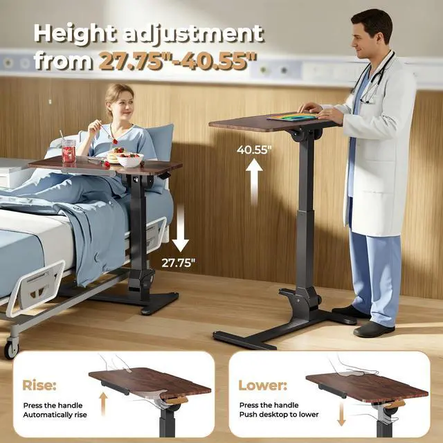 Alt view image 4 of 7 - Foldable Portable Laptop Desk, 180° Tilt Overbed Bedside Table | Height Adjustable, 31.5" Rustic Brown MDF Board, Collapsible Top & Base for Storage, Mobile Standing Desk for Home Hospital