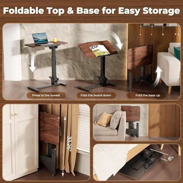 Alt view image 5 of 7 - Foldable Portable Laptop Desk, 180° Tilt Overbed Bedside Table | Height Adjustable, 31.5" Rustic Brown MDF Board, Collapsible Top & Base for Storage, Mobile Standing Desk for Home Hospital