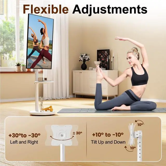 Alt view image 3 of 7 - Rolling TV Stand with Wheels for 10-46 Inch TVs, 88 lbs, White | Portrait or Landscape, Height Adjustmen Mobile TV Cart, ±10° Tilt and 90°Rotating, Storage shelf, Max Vesa 200x200mm
