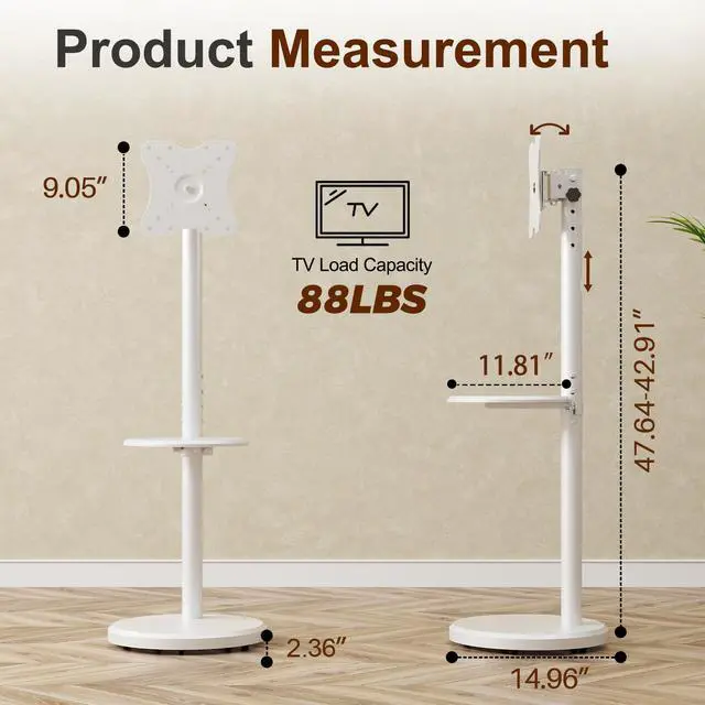 Alt view image 6 of 7 - Rolling TV Stand with Wheels for 10-46 Inch TVs, 88 lbs, White | Portrait or Landscape, Height Adjustmen Mobile TV Cart, ±10° Tilt and 90°Rotating, Storage shelf, Max Vesa 200x200mm
