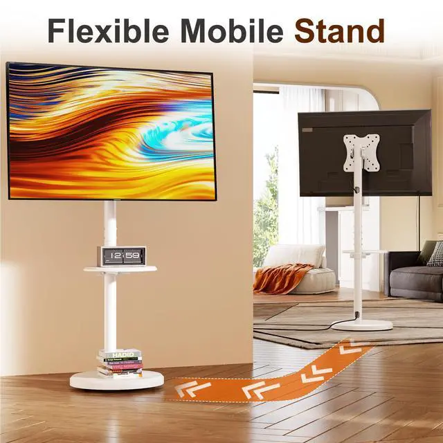 Alt view image 7 of 7 - Rolling TV Stand with Wheels for 10-46 Inch TVs, 88 lbs, White | Portrait or Landscape, Height Adjustmen Mobile TV Cart, ±10° Tilt and 90°Rotating, Storage shelf, Max Vesa 200x200mm