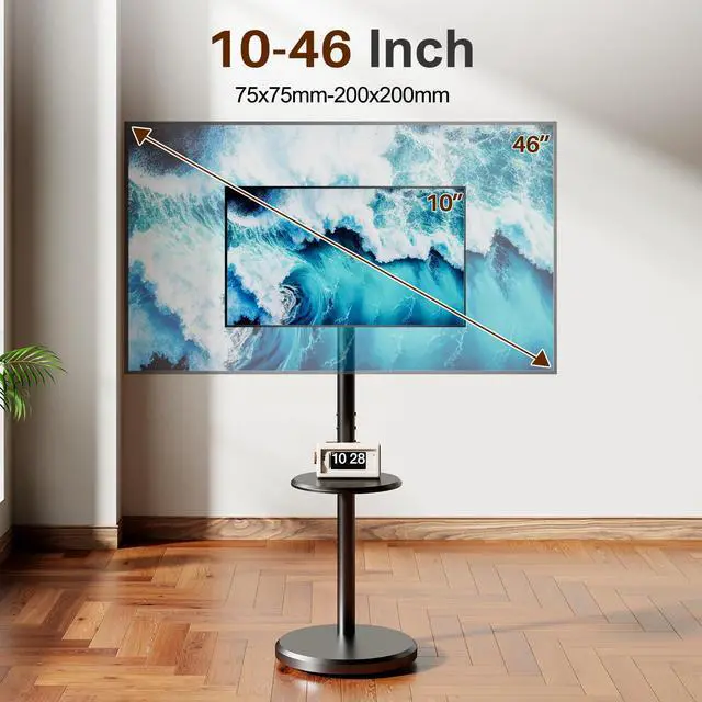 Alt view image 2 of 7 - Rolling TV Stand with Wheels for 10-46 Inch TVs, 88 lbs, Black | Portrait or Landscape, Height Adjustmen Mobile TV Cart, ±10° Tilt and 90°Rotating, Storage shelf, Max Vesa 200x200mm