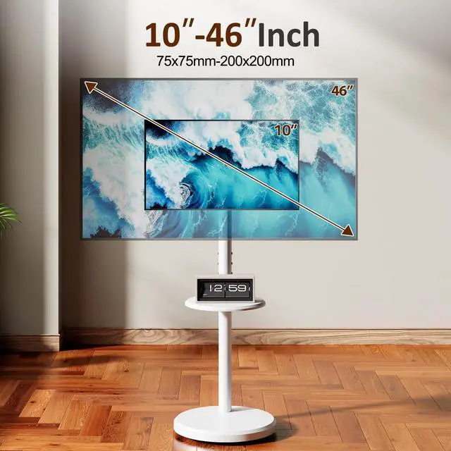 Alt view image 2 of 7 - Rolling TV Stand with Wheels for 10-46 Inch TVs, 88 lbs, White | Portrait or Landscape, Height Adjustmen Mobile TV Cart, ±10° Tilt and 90°Rotating, Storage shelf, Max Vesa 200x200mm