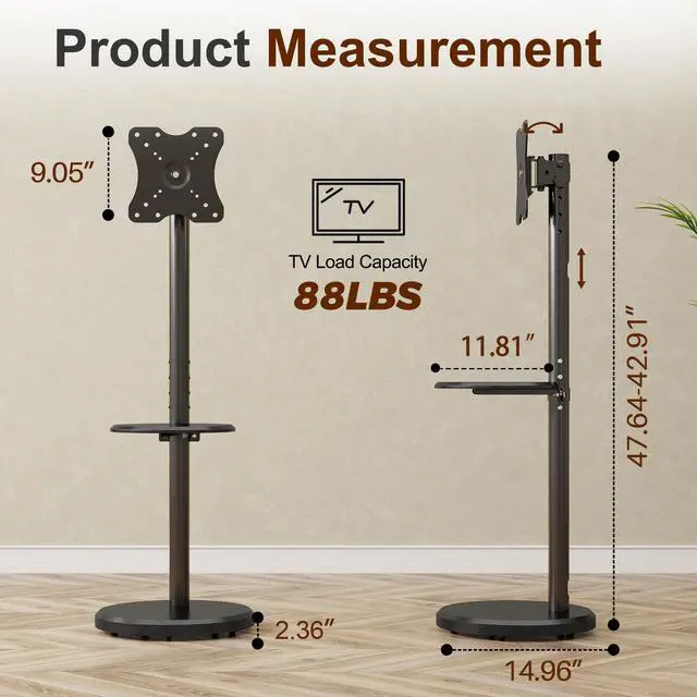 Alt view image 6 of 7 - Rolling TV Stand with Wheels for 10-46 Inch TVs, 88 lbs, Black | Portrait or Landscape, Height Adjustmen Mobile TV Cart, ±10° Tilt and 90°Rotating, Storage shelf, Max Vesa 200x200mm