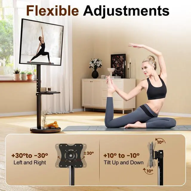 Alt view image 3 of 7 - Rolling TV Stand with Wheels for 10-46 Inch TVs, 88 lbs, Black | Portrait or Landscape, Height Adjustmen Mobile TV Cart, ±10° Tilt and 90°Rotating, Storage shelf, Max Vesa 200x200mm