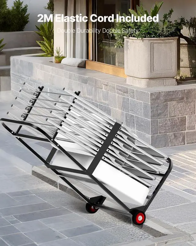 Alt view image 5 of 7 - Folding Chair Rack, 100 LBS Capacity, Heavy-Duty Chair Cart for Hanging 10 Chairs, Multi-Function Metal Chair Storage Dolly with Rubber Wheels, Push-Style Chair Holder, Matte Black