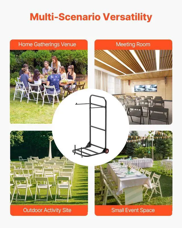 Alt view image 6 of 7 - Folding Chair Rack, 100 LBS Capacity, Heavy-Duty Chair Cart for Hanging 10 Chairs, Multi-Function Metal Chair Storage Dolly with Rubber Wheels, Push-Style Chair Holder, Matte Black