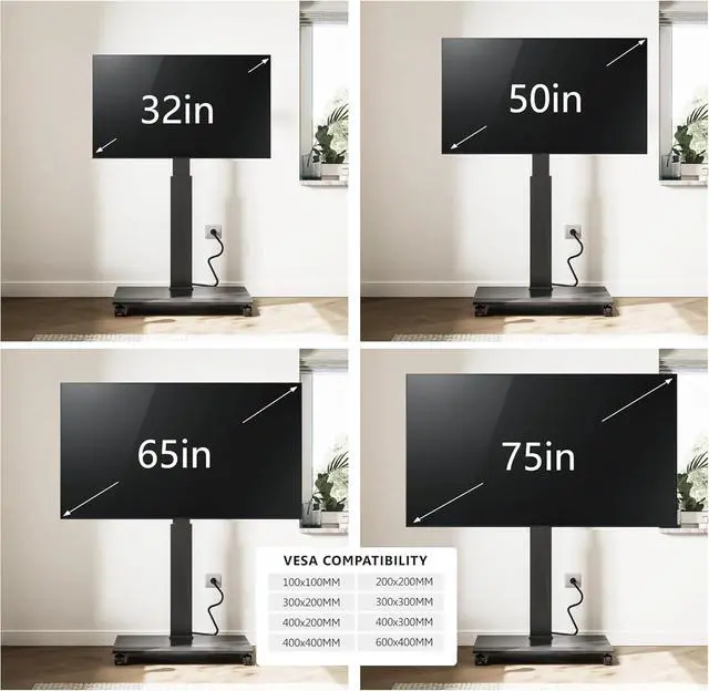 Alt view image 7 of 7 - Rolling TV Stand with Power Outlet - Mobile TV Stand for 32-75 Inch TVs, Landscape to Portrait Rotating, ±20° Swiveling, Height Adjustable TV Cart Hold Up to 88 Lbs Max VESA 400x600mm