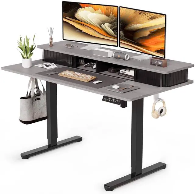 Main image of 48" Electric Adjustable Standing Desk with Storage Monitor Stand | Grey Computer Desk Height Adjustable with Storage Shelves, Spacious Woskstation, Sit Stand Desk with 2 Hooks for Home Office