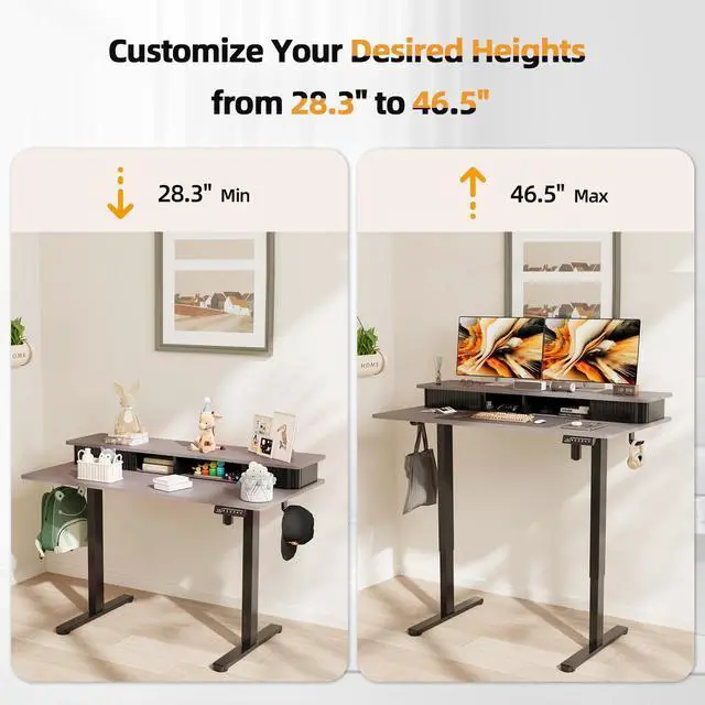 Alt view image 5 of 7 - 48" Electric Adjustable Standing Desk with Storage Monitor Stand | Grey Computer Desk Height Adjustable with Storage Shelves, Spacious Woskstation, Sit Stand Desk with 2 Hooks for Home Office