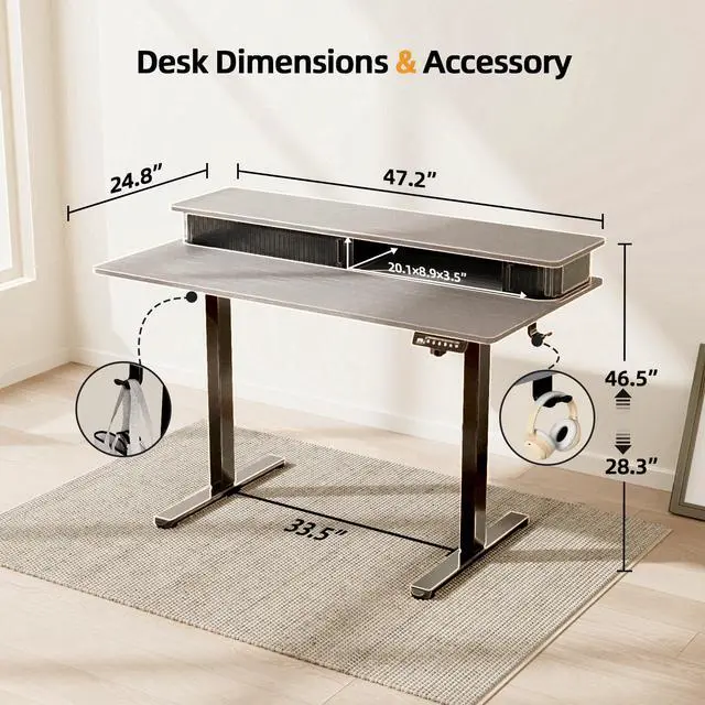 Alt view image 2 of 7 - 48" Electric Adjustable Standing Desk with Storage Monitor Stand | Grey Computer Desk Height Adjustable with Storage Shelves, Spacious Woskstation, Sit Stand Desk with 2 Hooks for Home Office