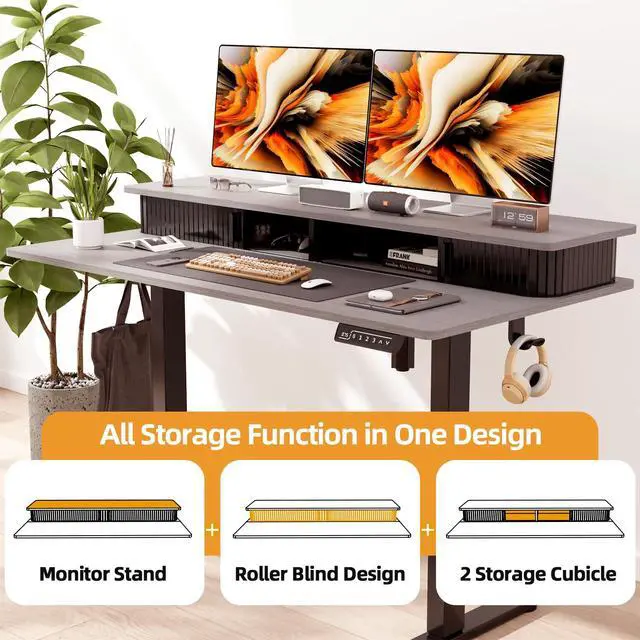 Alt view image 4 of 7 - 48" Electric Adjustable Standing Desk with Storage Monitor Stand | Grey Computer Desk Height Adjustable with Storage Shelves, Spacious Woskstation, Sit Stand Desk with 2 Hooks for Home Office