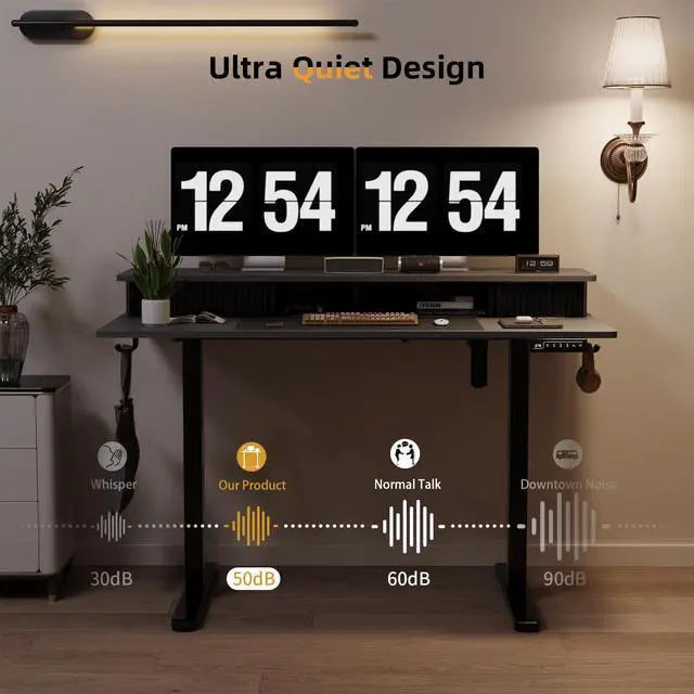 Alt view image 7 of 7 - 48" Electric Adjustable Standing Desk with Storage Monitor Stand | Grey Computer Desk Height Adjustable with Storage Shelves, Spacious Woskstation, Sit Stand Desk with 2 Hooks for Home Office