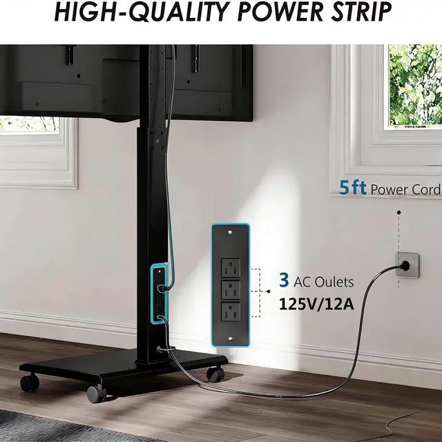 Alt view image 2 of 7 - Rolling TV Stand with Power Outlet - Mobile TV Stand for 32-75 Inch TVs, Landscape to Portrait Rotating, ±20° Swiveling, Height Adjustable TV Cart Hold Up to 88 Lbs Max VESA 400x600mm
