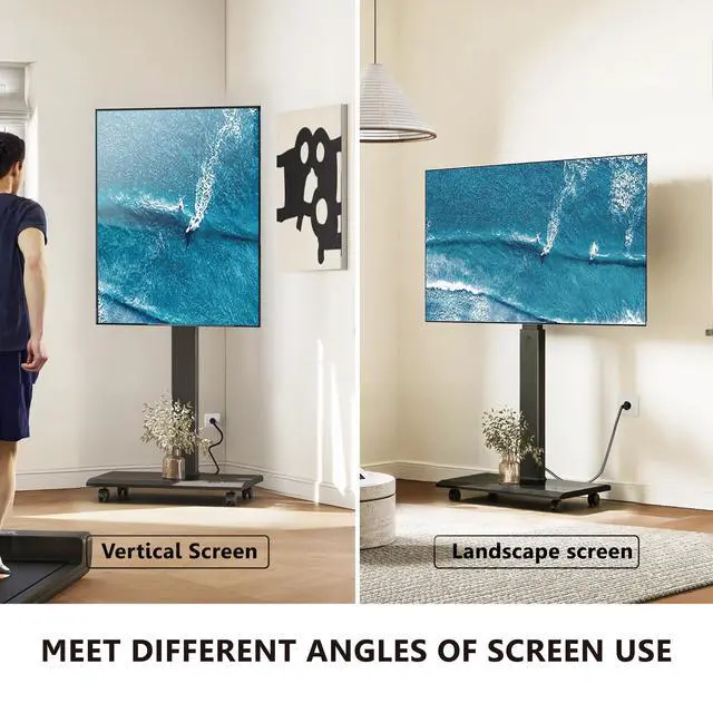 Alt view image 3 of 7 - Rolling TV Stand with Power Outlet - Mobile TV Stand for 32-75 Inch TVs, Landscape to Portrait Rotating, ±20° Swiveling, Height Adjustable TV Cart Hold Up to 88 Lbs Max VESA 400x600mm