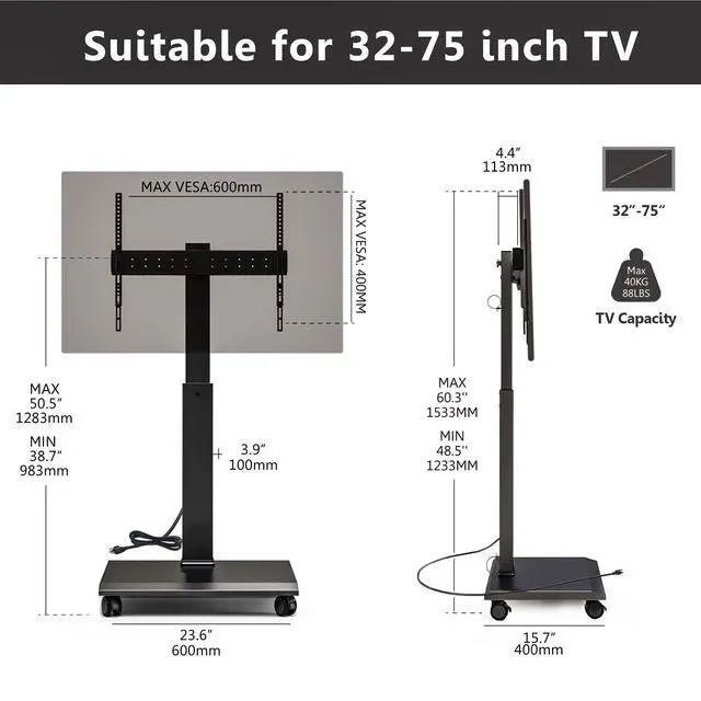 Alt view image 6 of 7 - Rolling TV Stand with Power Outlet - Mobile TV Stand for 32-75 Inch TVs, Landscape to Portrait Rotating, ±20° Swiveling, Height Adjustable TV Cart Hold Up to 88 Lbs Max VESA 400x600mm